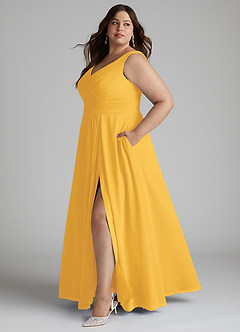 Azazie Karina Bridesmaid Dresses Marigold A-Line Pleated Chiffon Dress image7
