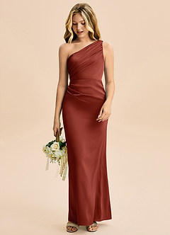 Azazie Akilah Junior Robe Fourreau en Satin extensible Plissée Terracotta image3