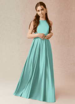 Azazie Arianthe Junior Vestido de Aqua de Satén Elástico de Corte En A con Con bolsillos image2