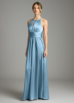 Azazie Bonnie Vestidos de damas de honor Vestido de Azul Acero de Satén Elástico de Corte en A con Plisado image1