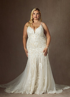 Azazie Camlynn Wedding Dresses Diamond White Champagne Mermaid V-Neck Sequins Tulle Dress image8