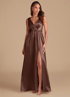 Azazie Tanicia Brautjungfernkleider A-Linie Plissee Metallischer Satin Kleid Espresso image1