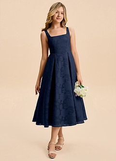 Azazie Amalie Junior Dark Navy A-Line Ruched Floral Burnout Dress image7
