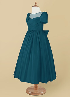 Azazie Anirra Flower Girl Dresses Ink Blue Ball-Gown Pleated Matte Satin Dress image9