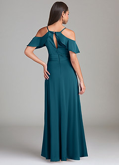 Azazie Dakota Bridesmaid Dresses Ink Blue A-Line Off the Shoulder Stretch Satin Dress image2