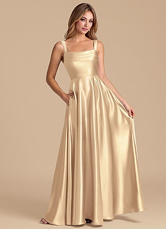 Azazie Shaude 신부 들러리 드레스 A라인 주름진 메탈릭 새틴 바닥 길이 드레스 image3