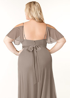 Azazie Fiena Final Sale Taupe A-Line V-neck Ruched Mesh Dress image9