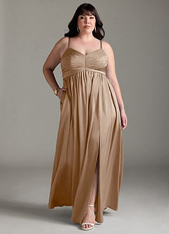 Azazie Alia Bridesmaid Dresses Taupe A-Line Pleated Stretch Satin Dress image10