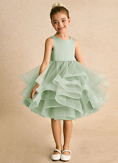 Azazie Tinie Flower Girl Dresses Dusty Sage Ball-Gown Bow Tulle Dress image3