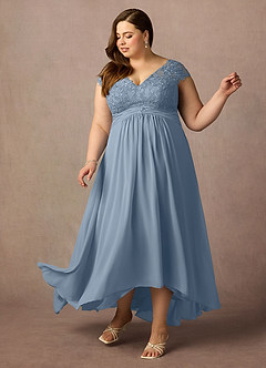 Azazie Irmeli Mère de la mariée Robes Robe Trapèze en Mousseline de soie Dentelle Bleu Poussiéreux image9