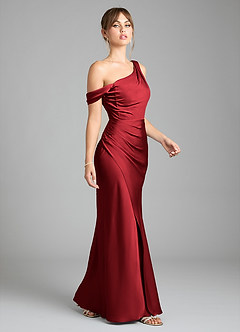 Azazie Madelyn Robes de demoiselle d'honneur Robe Sirène Convertible en Satin extensible Une épaule Écarlate image5