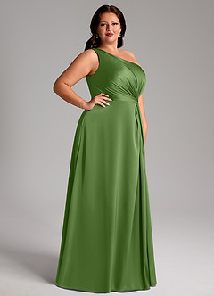 Azazie Brooke Vestidos de damas de honor Vestido de Albahaca de Satén Elástico de Corte en A con Hombro unilateral image11