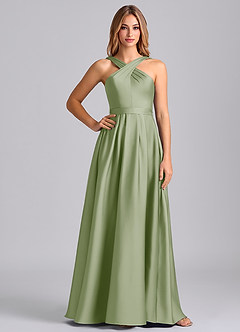 Azazie Dixie 신부 들러리 드레스 A라인 주름진 스트레치 새틴 바닥 길이 드레스 image3