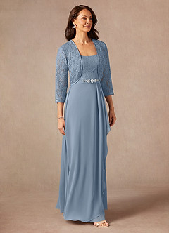 Azazie Ainsling Mère de la mariée Robes Robe Trapèze en Mousseline de soie Dentelle à encolure carrée Bleu Poussiéreux image6