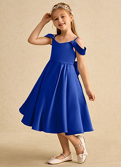 Azazie Favia Robe Demoiselle D'honneur Fillette Robe Trapèze en Mat Satiné Épaule décolletée Bleu Roi image6