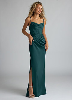 Azazie Mai Bridesmaid Dresses Pine Sheath Pleated Stretch Satin Dress image3
