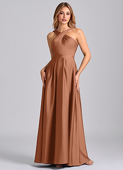 Azazie Dixie 신부 들러리 드레스 A라인 주름진 스트레치 새틴 바닥 길이 드레스 image4