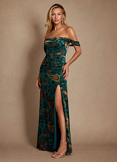 Azazie Cali Moeder van de bruid jurken Kolom Jurk van Paisley Velvet Burnout Off the Shoulder Blauwgroen Multi image1