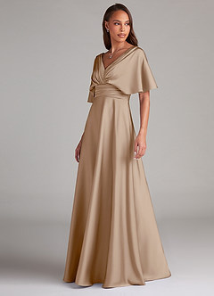 Azazie Pamela Bridesmaid Dresses Taupe A-Line Pleated Stretch Satin Dress image4