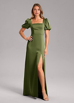 Azazie Fyona Bridesmaid Dresses Olive A-Line Pleated Stretch Satin Dress image3