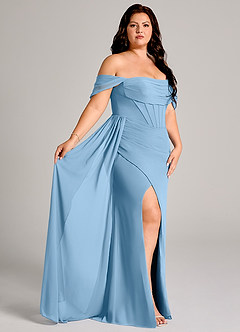 Azazie Amyra Bridesmaid Dresses Steel Blue Sheath Off the Shoulder Chiffon Convertible Dress image11