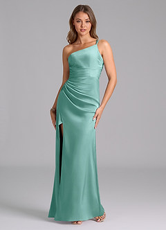 Azazie Eren Bridesmaid Dresses Aqua Mermaid One Shoulder Stretch Satin Dress image5