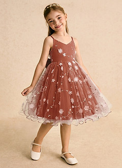 Azazie Junebug Blumenmädchenkleider Ballkleid Spaghetti Riemen Tüll Kleid Rotbraun image2