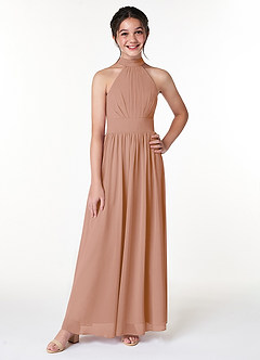 Azazie Iman Junior Champagne Rose A-Line Pleated Chiffon Dress image4