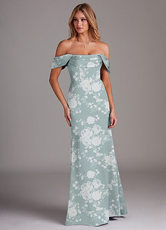 Azazie Saige Bridesmaid Dresses Powder Blue Floral Sheath Off the Shoulder Stretch Satin Dress image4