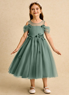 Azazie Juni Flower Girl Dresses Eucalyptus Ball-Gown Pleated Tulle Dress image4