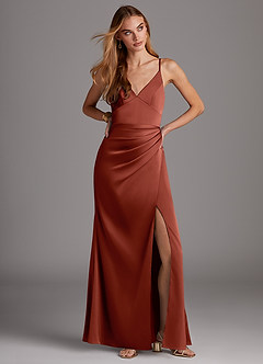 Azazie Shania Bridesmaid Dresses Terracotta Sheath V-Neck Pleated Stretch Satin Dress image3