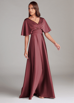 Azazie Pamela Bridesmaid Dresses Merlot A-Line Pleated Stretch Satin Dress image2