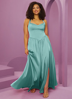 Barbie ♥ Azazie Bridesmaid Dresses Aqua A-Line with Pockets Stretch Satin Dress image10