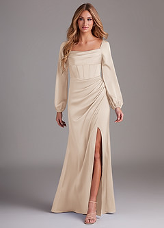 Azazie Charissa Bridesmaid Dresses White Alabaster Sheath Long Sleeve Stretch Satin Dress image1