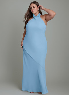 Azazie Velli Vestidos de damas de honor Vestido Azul Acero de Gasa de Corte Sirena con Cuello alto image11