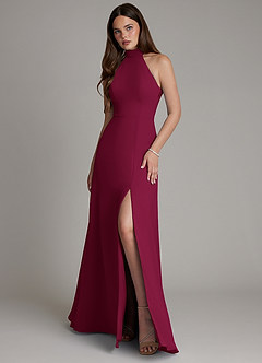 Azazie Myra Bridesmaid Dresses Burgundy A-Line High Neck Chiffon Dress image1
