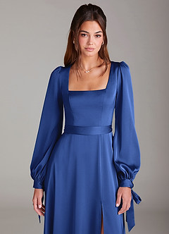 Azazie Leonia Bridesmaid Dresses Royal Blue A-Line Long Sleeve Stretch Satin Dress image6