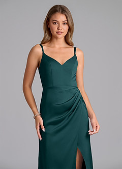 Azazie Leo Final Sale Pine Sheath Pleated Stretch Satin Dress image3