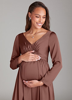 Azazie Teton Final Sale A-Line Long Sleeve Stretch Satin Floor-Length Dress image2