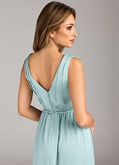 Azazie Tanicia Bridesmaid Dresses Sea Glass A-Line Pleated Stretch Satin Dress image7