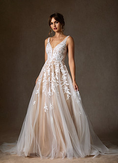 Azazie Sorella Wedding Dresses Diamond White Sand A-Line V-Neck Sequins Tulle Dress image7