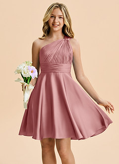 Azazie Charlize Junior Vestido Rosa Polvorienta de Satén Elástico de Corte en A con Plisado image1