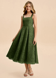 Azazie Amalie Junior Olive A-Line Ruched Floral Burnout Dress image1