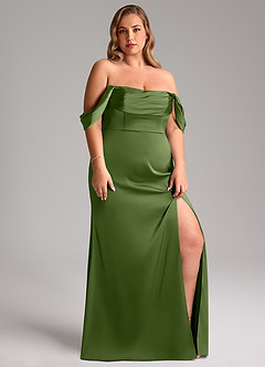 Azazie Saige Jurken voor bruidsmeisjes Jurk van Stretch Satijn met Kolom Off the Shoulder Jeneverbes image13