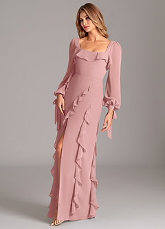 Azazie Candice 신부 들러리 드레스 A라인 긴팔 쉬폰 바닥 길이 드레스 image3