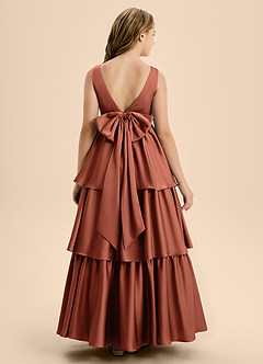 Azazie Meadowyn Junior Clay A-Line Bow Stretch Satin Dress image2