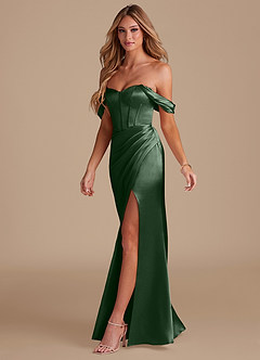 Azazie Asha Bridesmaid Dresses Eucalyptus Sheath Off the Shoulder Metallic Satin Dress image3