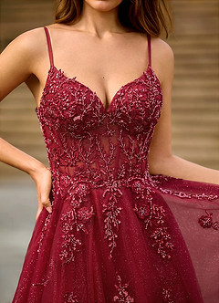 Milliener Burgundy Tulle Flowers Prom Dress image6