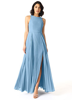 Azazie Lindie Bridesmaid Dresses Steel Blue A-Line Scoop Pleated Chiffon Dress image1