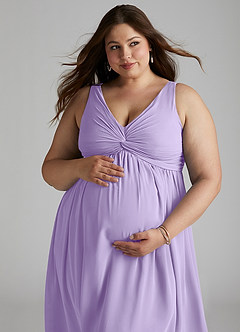 Azazie Yetta Maternity Bridesmaid Dresses A-Line V-Neck Gathered Chiffon Floor-Length Dress image8